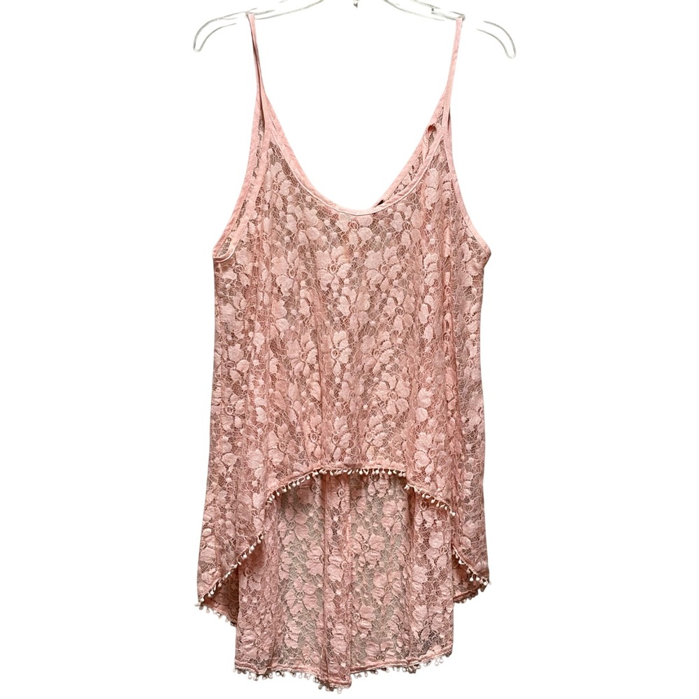 Poof Women Pink Floral Lace High Low Pom Pom Trim Cami Tank Top Blush Boho
